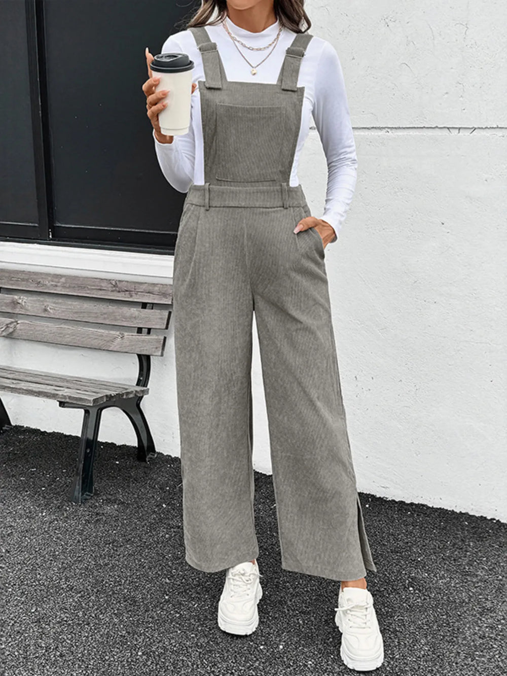 Grey Slit Wide Leg Overalls With Pockets