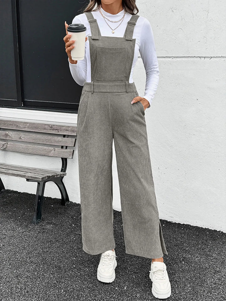 Grey Slit Wide Leg Overalls With Pockets