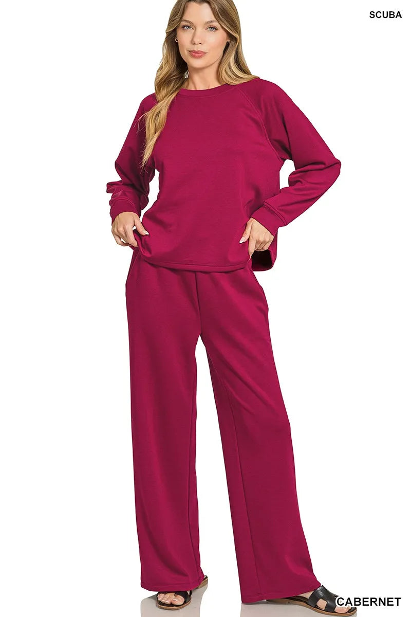 Cabernet Zenana Scuba Crewneck Sweatshirt And Pants Set 3
