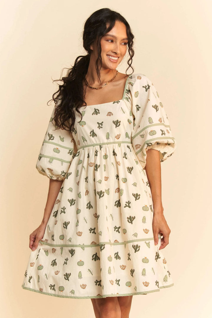 Cream/Green Davi Dani Cactus Printed Poplin Contrast Piping Mini Dress