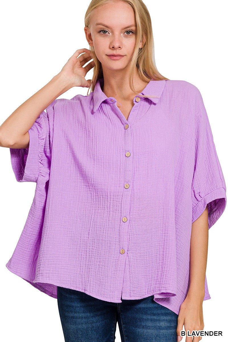 Zenana Double Gauze 3 4 Sleeve Button Up Shirt
