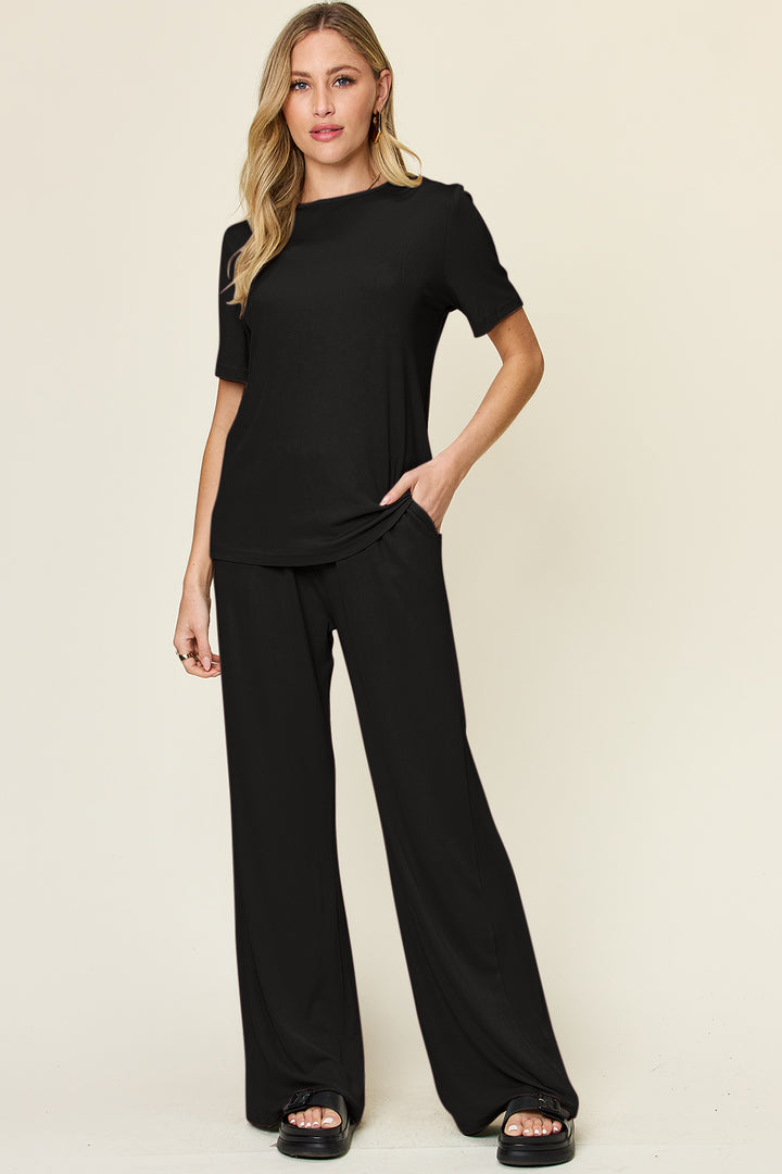 Light Green Double Take Full Size Round Neck Short Sleeve T Shirt And Wide Leg Pants Set