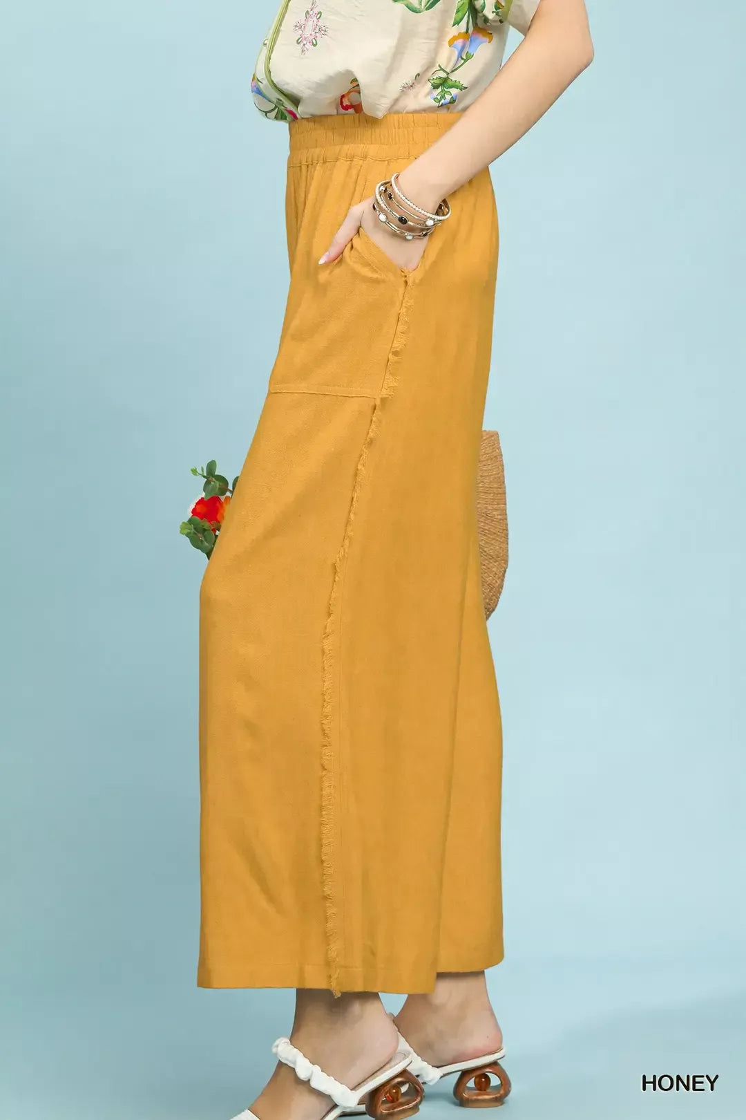 Honey Umgee Linen Frayed Side Pocket Wide Leg Pants