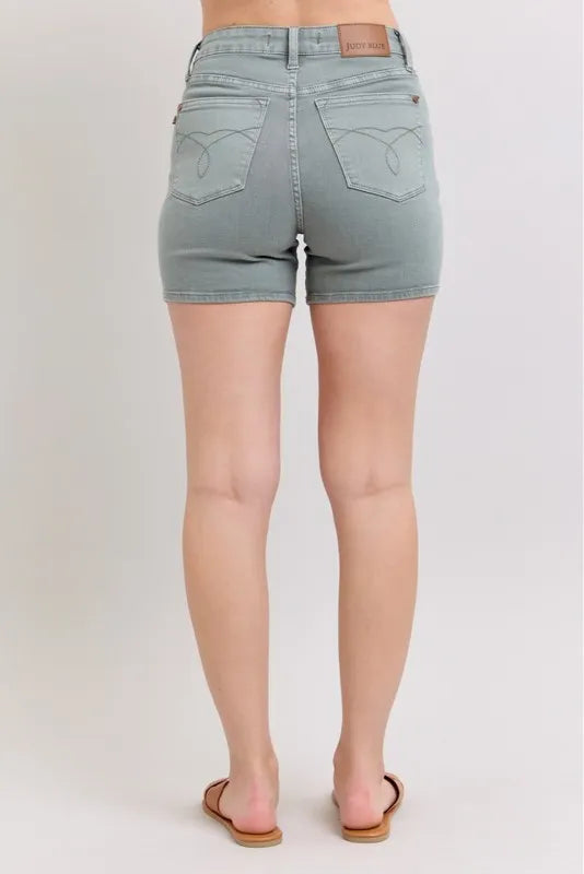 Stone Blue Judy Blue Full Size Hw Garment Dyed Back Pkt Embroidery Shorts Plus Size
