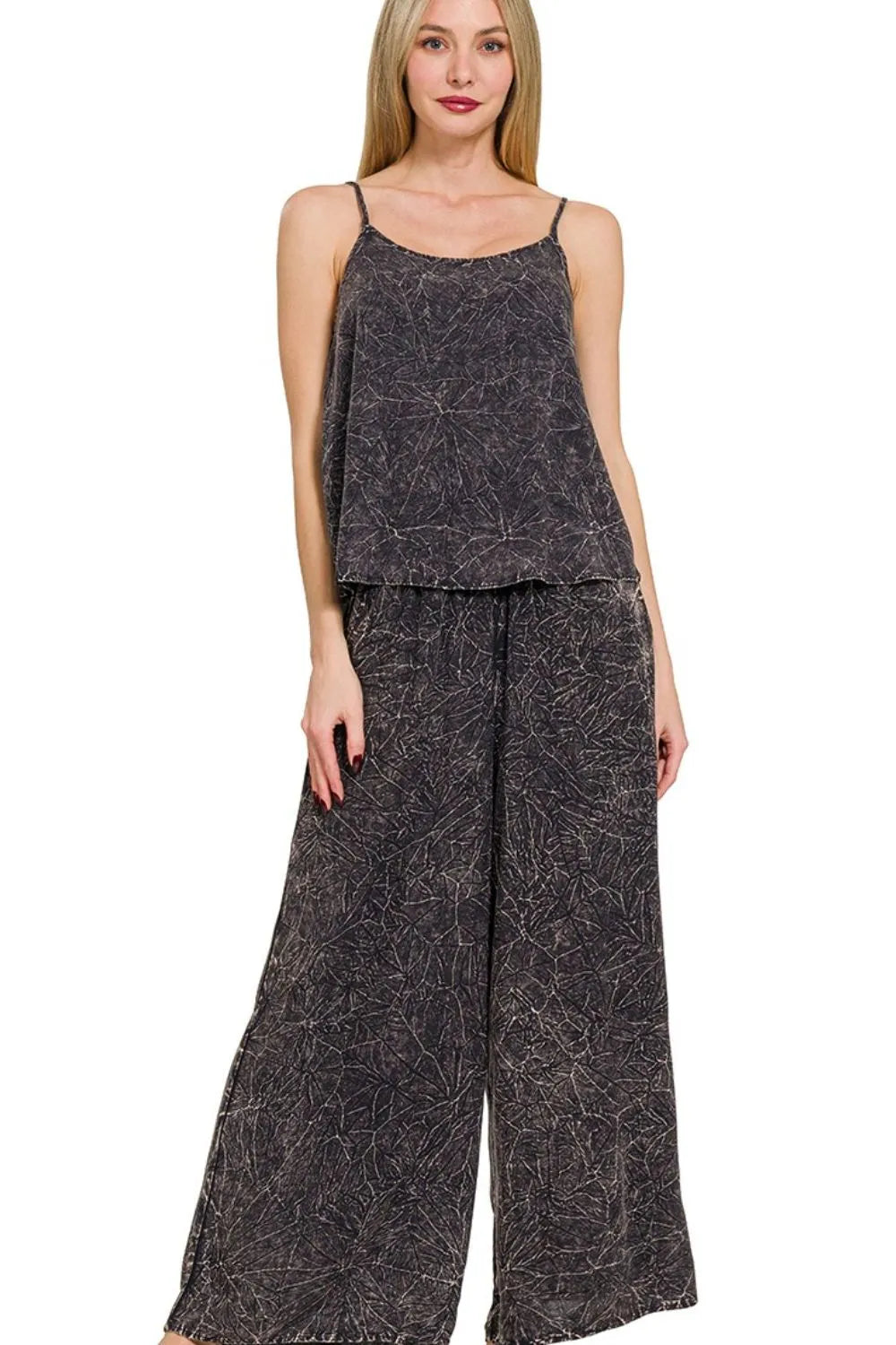 Ash Black Zenana Woven Acid Crinkle Washed Cami Pants 2 Piece Set 2