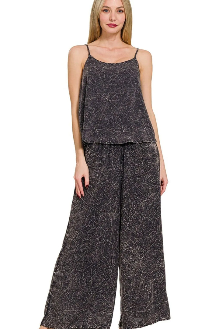 Ash Black Zenana Woven Acid Crinkle Washed Cami Pants 2 Piece Set 2