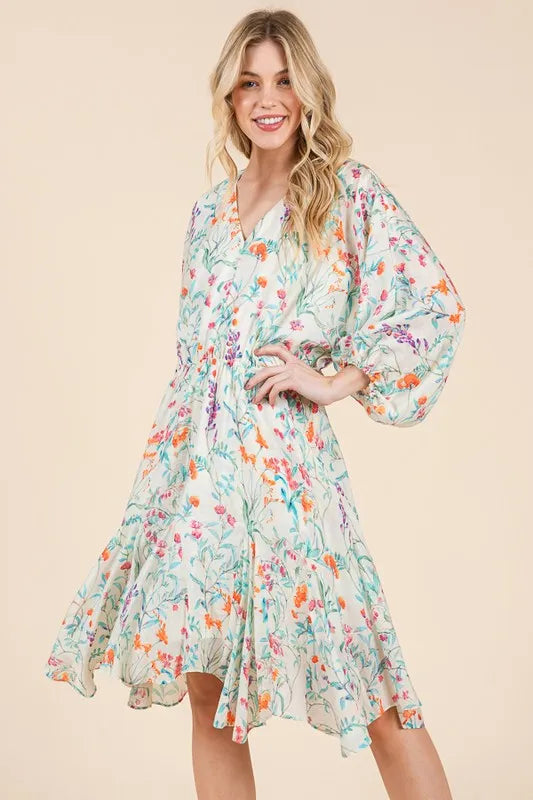 Ivory Floral Lime N Chili Floral Cinched Waist Balloon Sleeve V Neck Dress