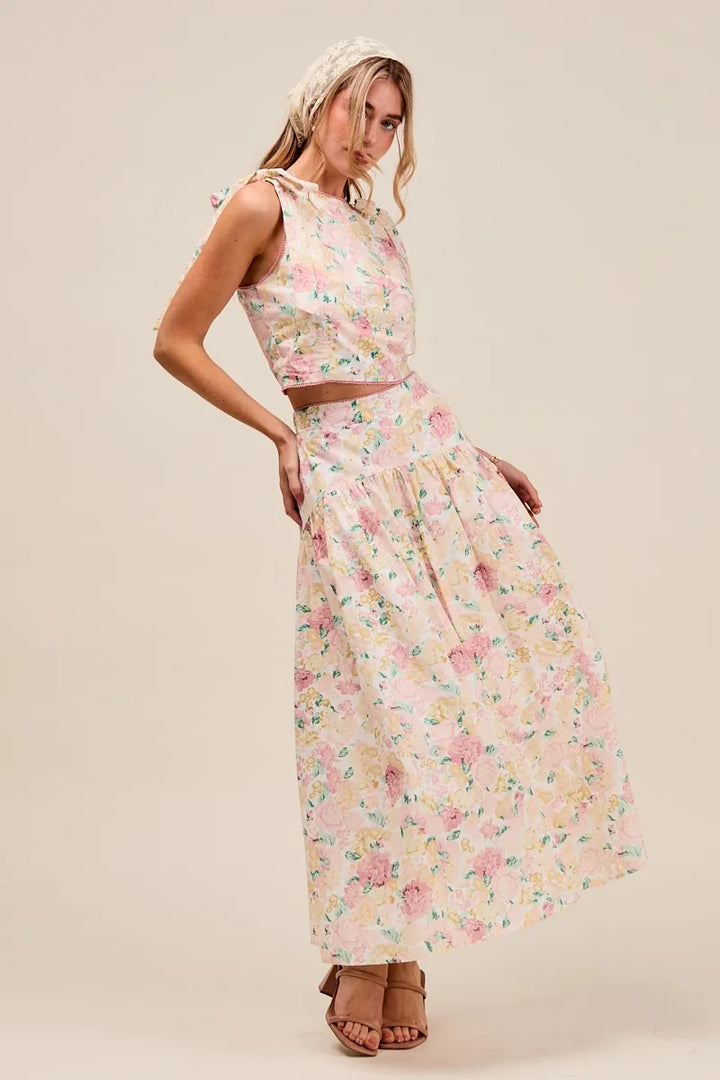 So Me Floral Printed Woven Shoulder Bow Tie Top And Skirt Set