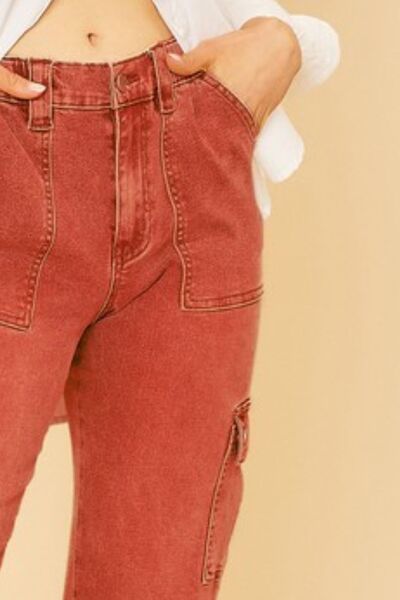 Orange-Red Annie Wear Straight Leg Jeans With Cargo Pockets