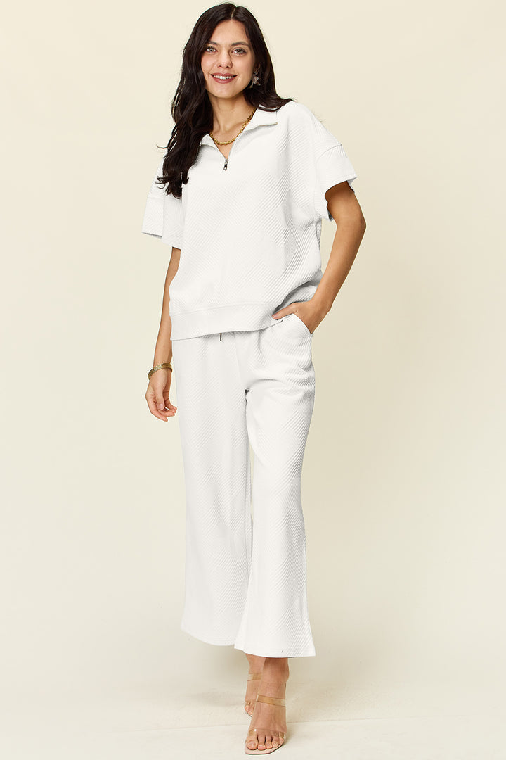 White Double Take Full Size Texture Half Zip Short Sleeve Top And Pants Set