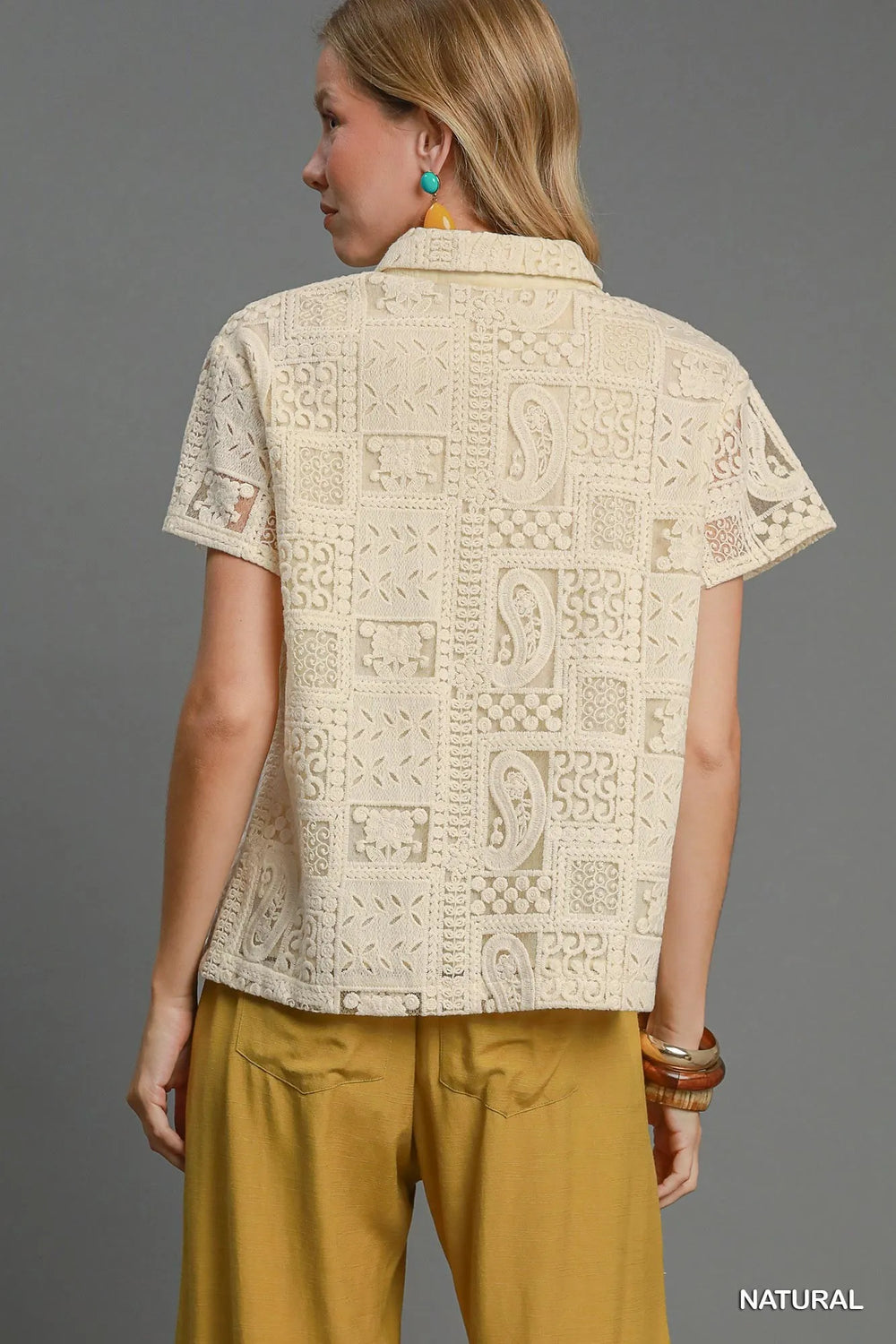 Natural Umgee Patch Lace Short Sleeve Button Down Shirt 1