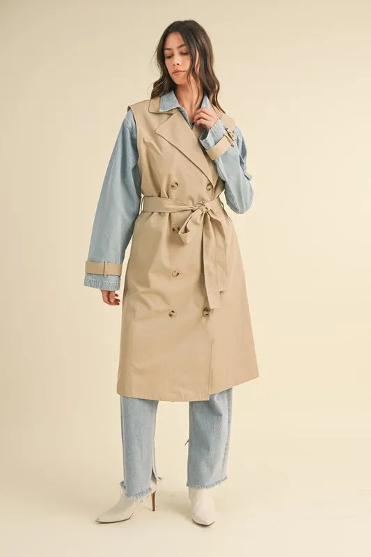 Taupe Mable Layered Look Trench Coat With Denim Jacket
