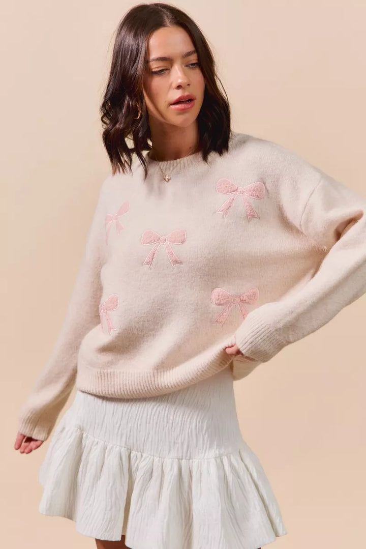 So Me Embroidered Ribbon Round Neck Sweater
