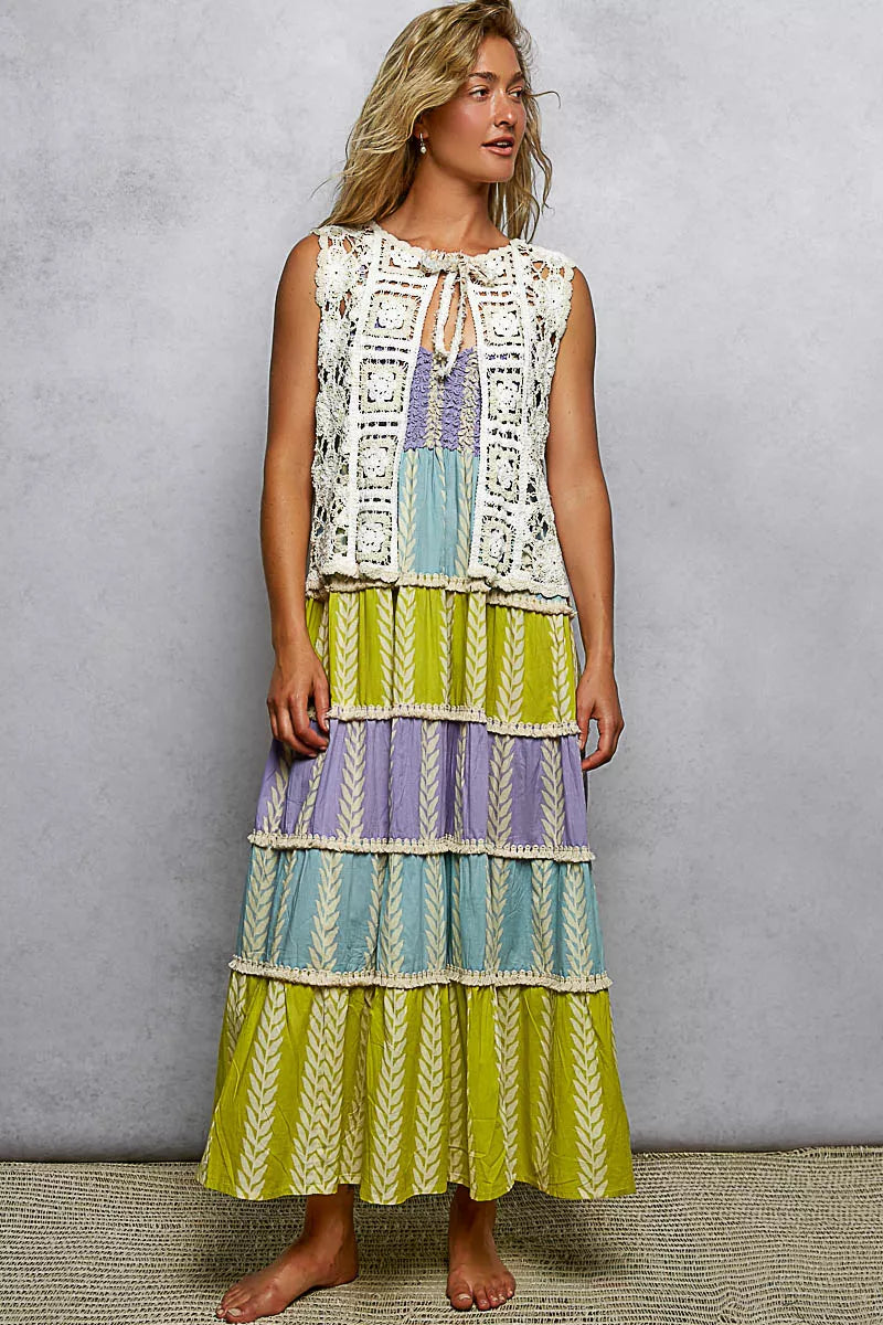 Pol Tie Front Floral Pattern Crochet Vest With Scalloped Edge 2