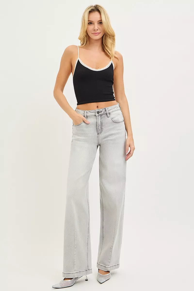 Light Grey Risen Slouchy Baggy Jeans With Contrast Stitching