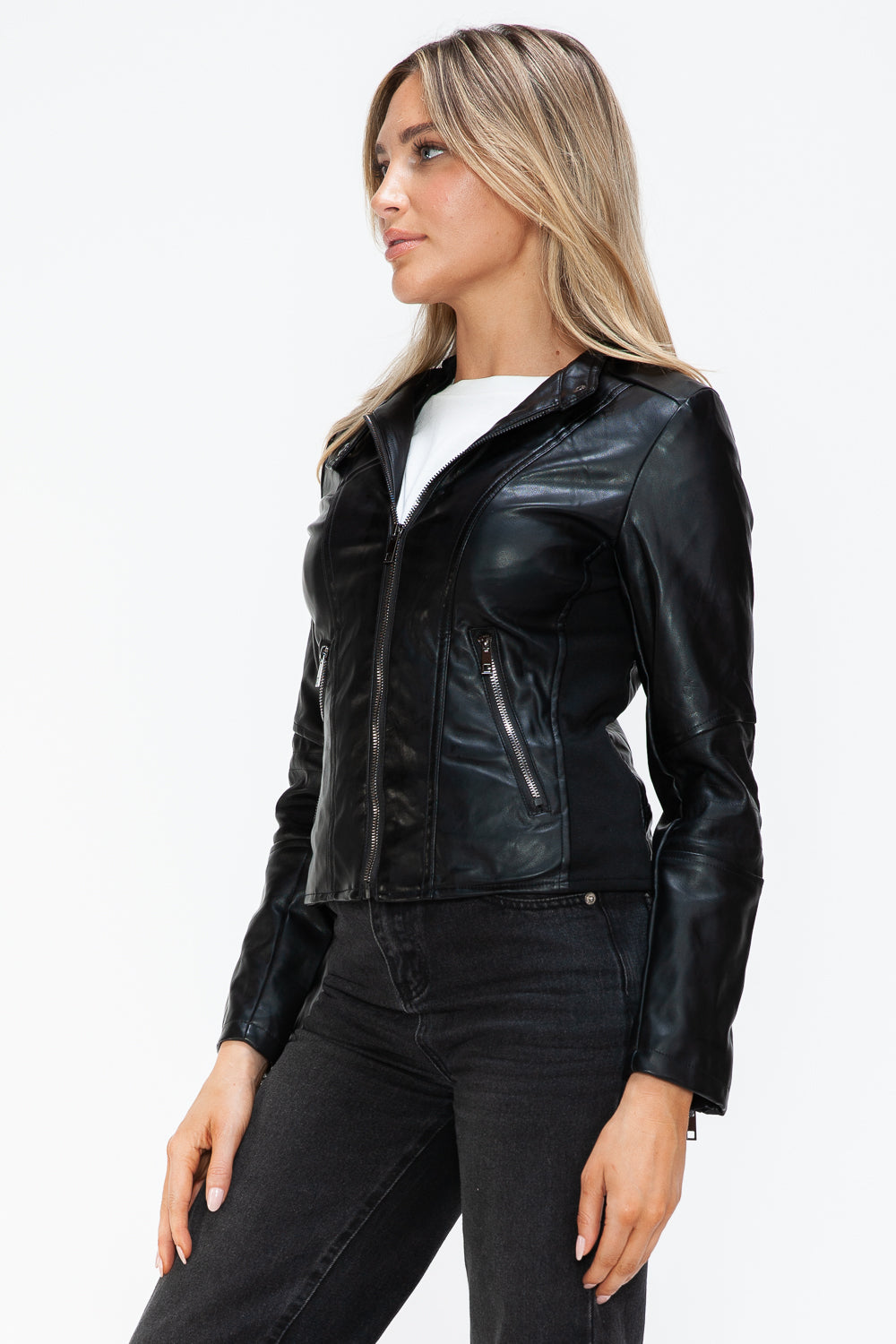 Snobbish Faux Leather Zip Up Drawstring Hooded Jacket 1