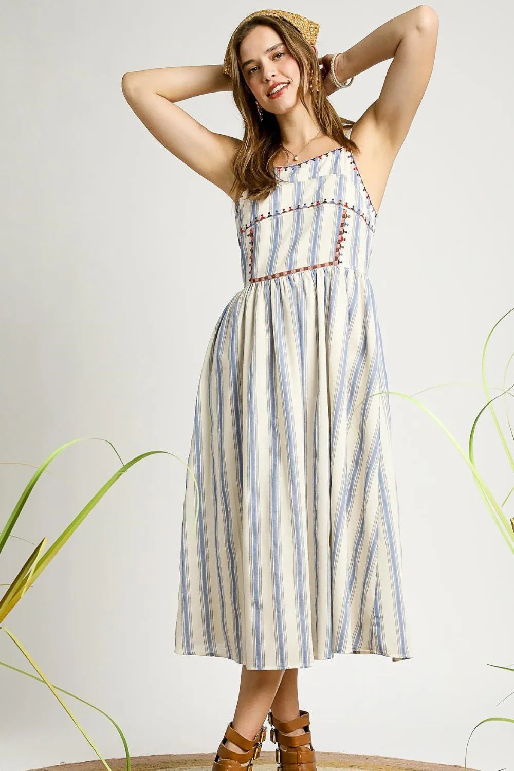 Light Blue Umgee Striped Colorful Embroidered Trim Cami Dress 1