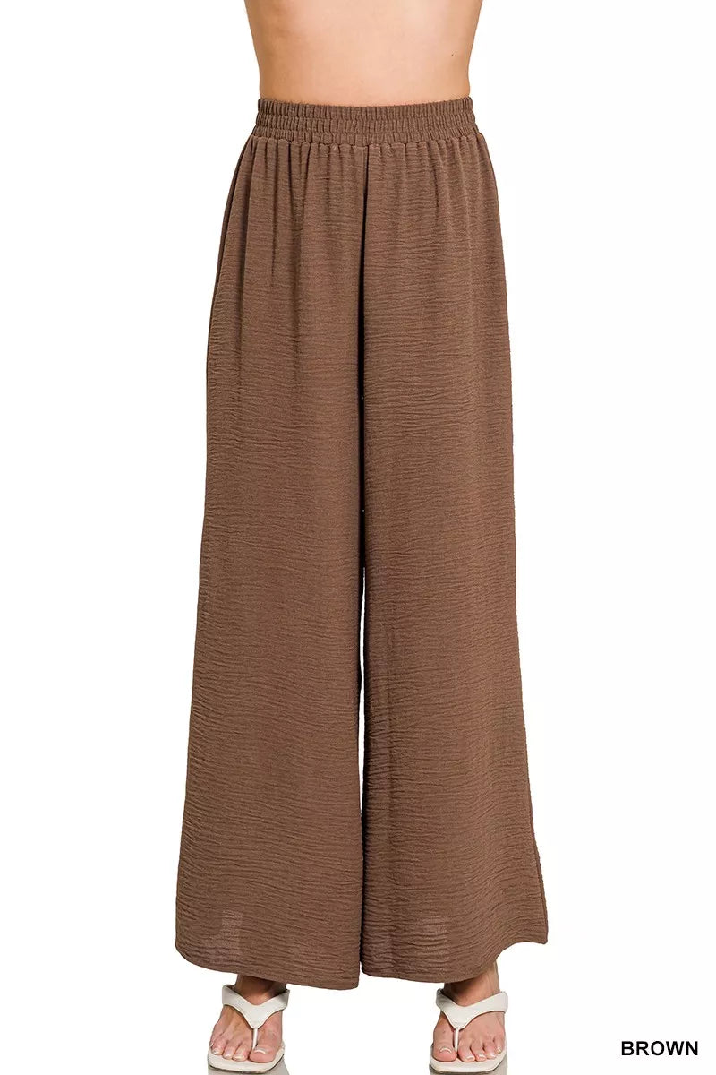 Brown Zenana Woven Airflow Elastic Waistband Pants 4