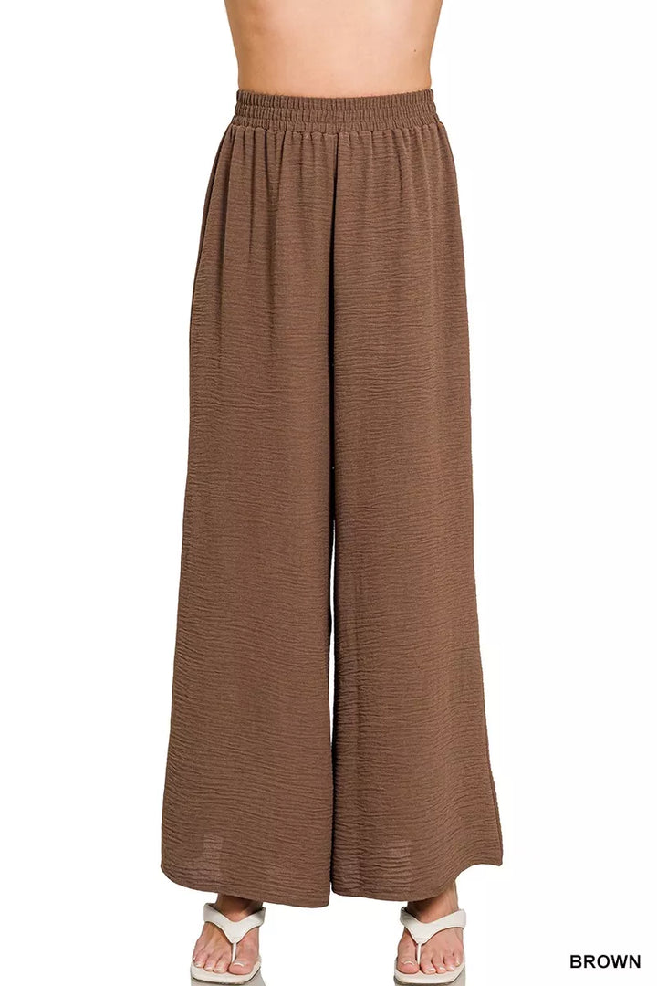 Brown Zenana Woven Airflow Elastic Waistband Pants 4