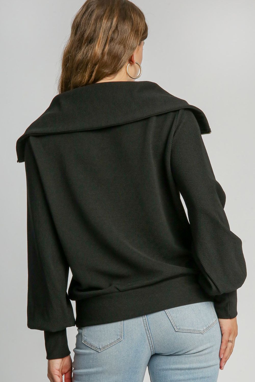 Black Umgee Full Size Ribbed Knit Half Zipper Sweatshirt Plus Size