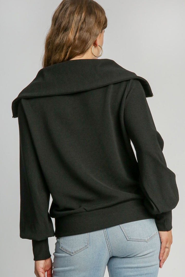 Black Umgee Full Size Ribbed Knit Half Zipper Sweatshirt Plus Size