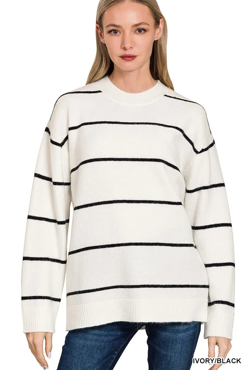 Ivory/Black Zenana Round Neck Stripe Sweater