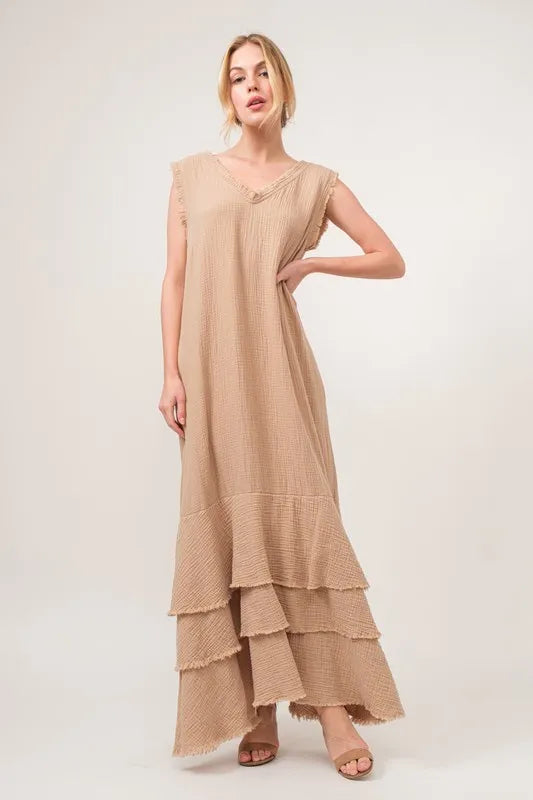 Sand And The Why Washed Cotton Gauze Fringe Detail Tiered Dress 1
