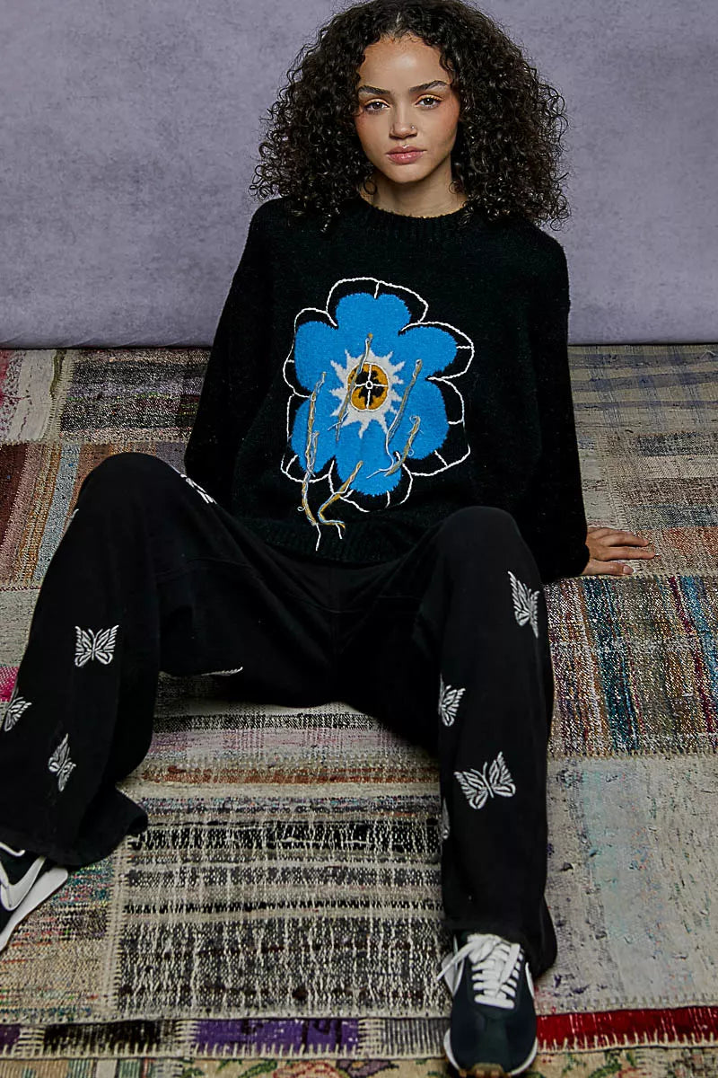 Black Pol Floral Pattern Round Neck Sweater With Exposed Stitching