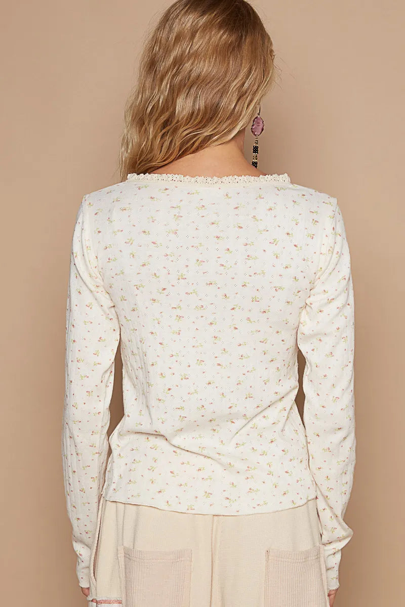 Pol Floral V Neck Long Sleeve T Shirt