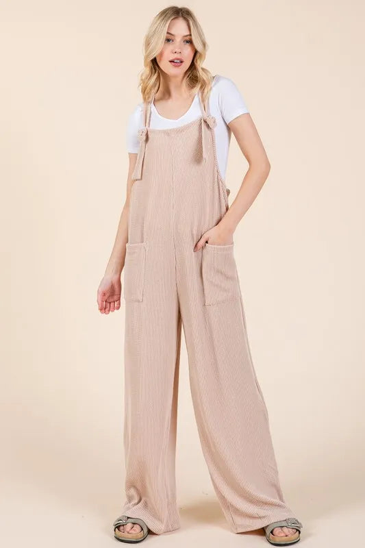 Dust Storm Bombom Knot Straps Wide Leg Ribbed Overalls With Pockets