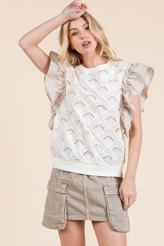 Natural Lime N Chili Ruffle Cap Sleeve Embroidered Eyelet Blouse