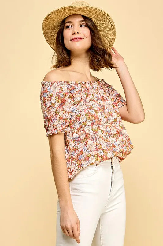 Lime N Chili Floral Print Short Sleeve Off The Shoulder Blouse 1