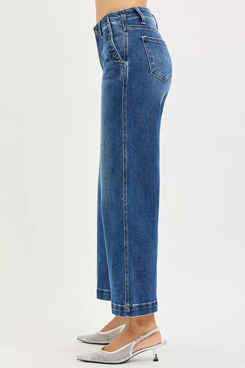 Dark Risen High Rise Wide Leg Jeans With Pocket Button Detail