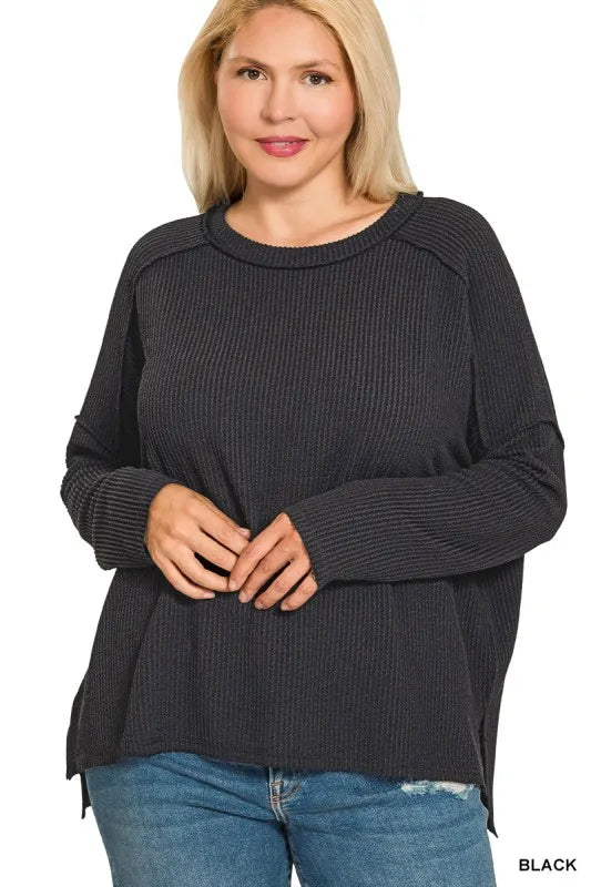 Black Zenana Full Size Exposed Seam Long Sleeve Corded Rib Knit Top Plus Size