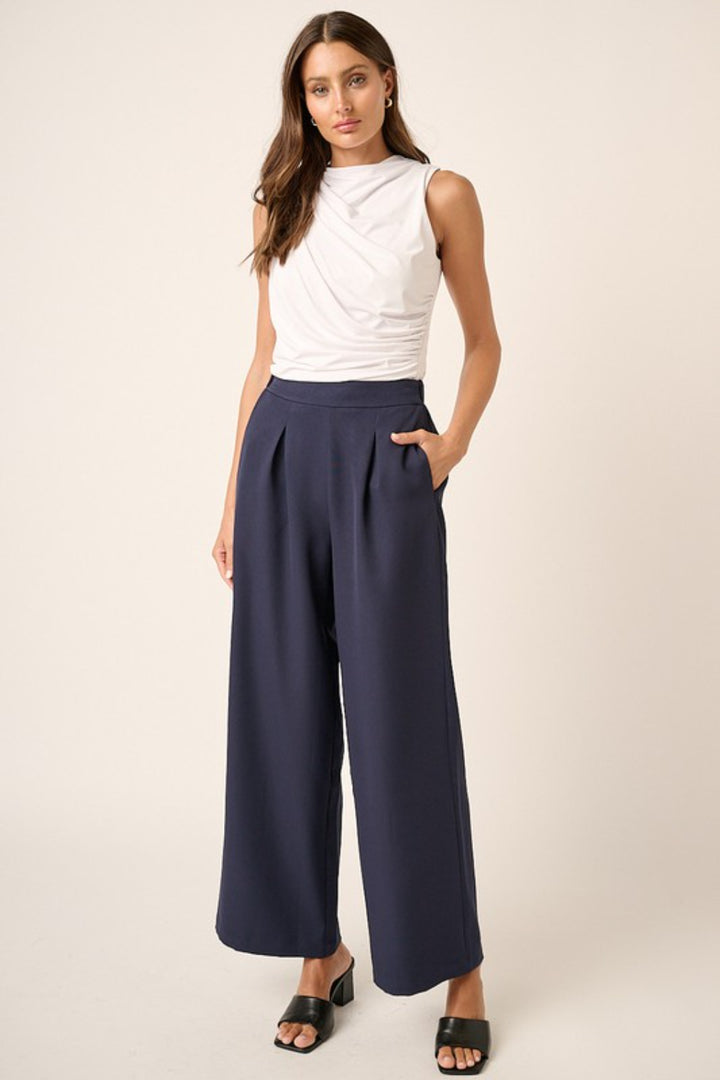 Dark Navy Mittoshop Inverted Pleat Detail Wide Leg Pants 1