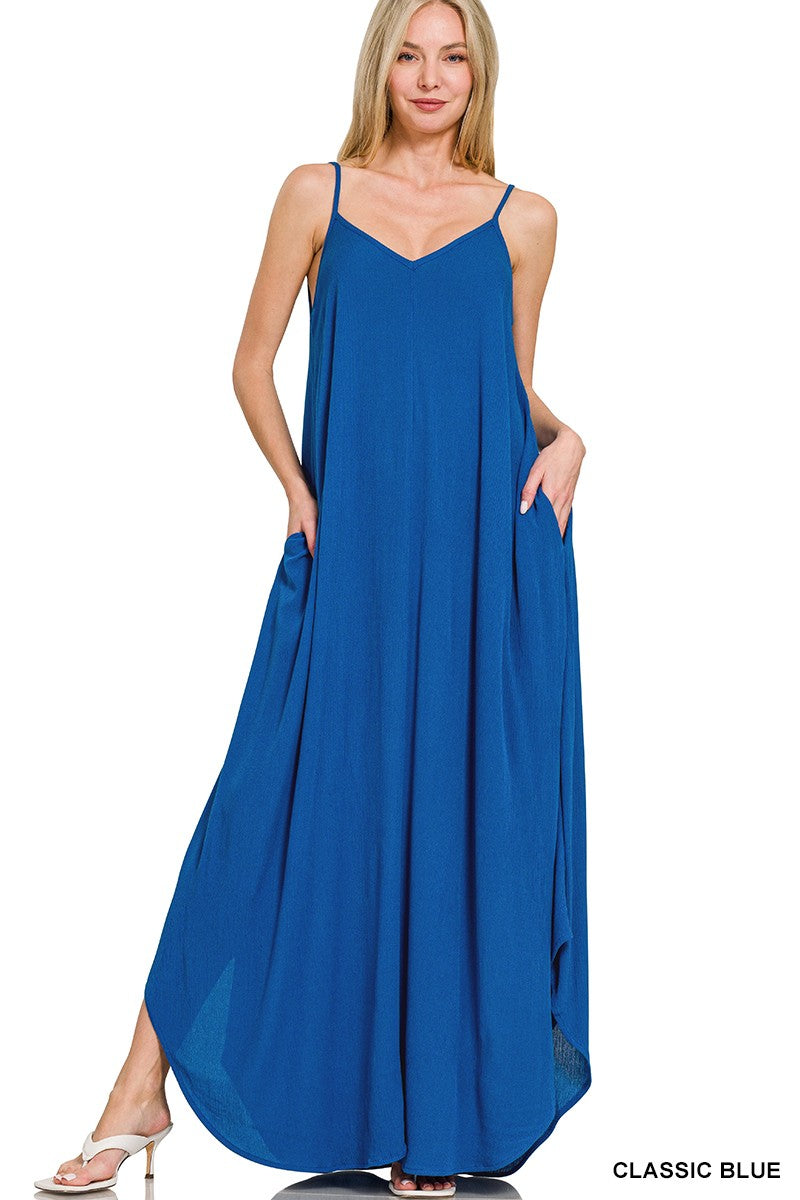 Classic Blue Zenana Woven Crinkle Cami Maxi Dress With Side Pockets