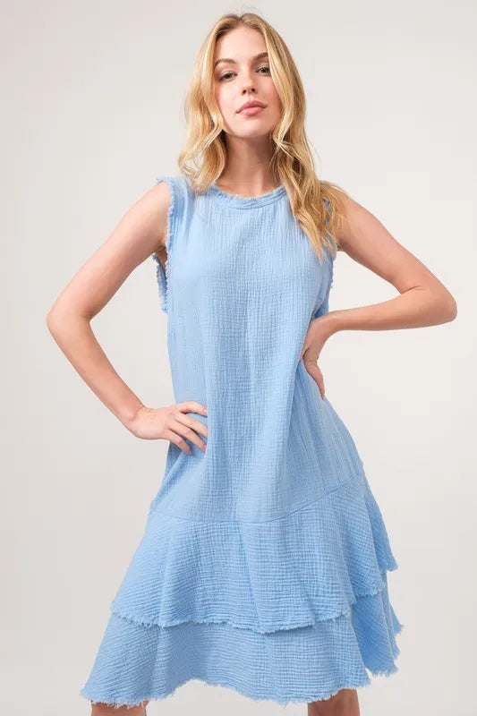 Baby Blue And The Why Washed Fringe Detail Tiered Dress