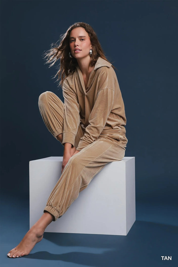 Tan Umgee Soft Thermal Collared Long Sleeve Top
