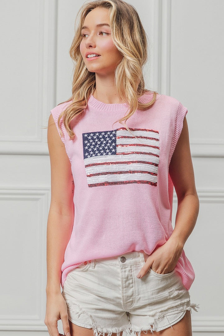 Pink Bibi American Flag Sequins Patch Knit Top