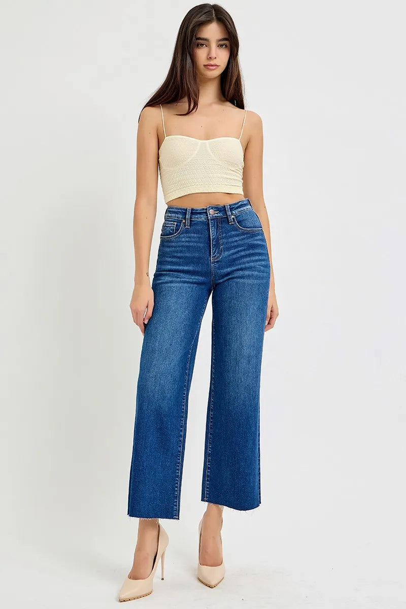 Dark Risen Full Size Tummy Control High Rise Wide Crop Jeans Plus Size