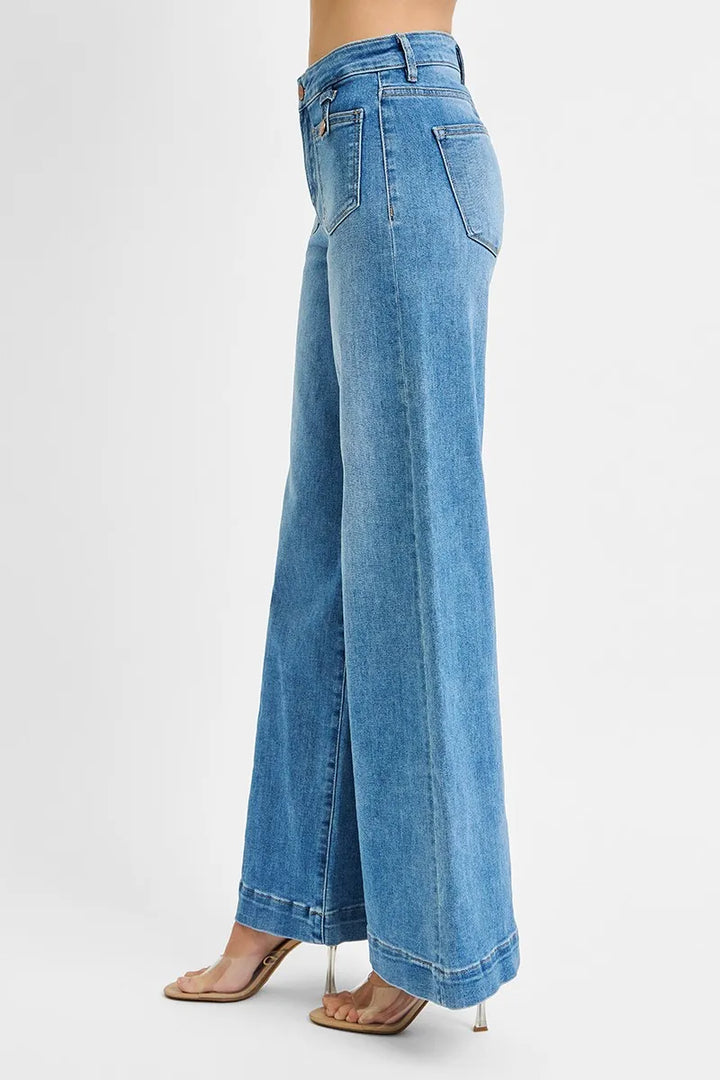 Medium Risen Full Size Mid Rise Wide Front Patch Pocket Jeans Plus Size