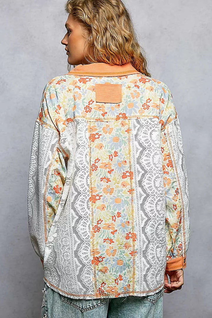 Pol Floral Print Long Sleeve Lace Shirt With Front Pocket 1