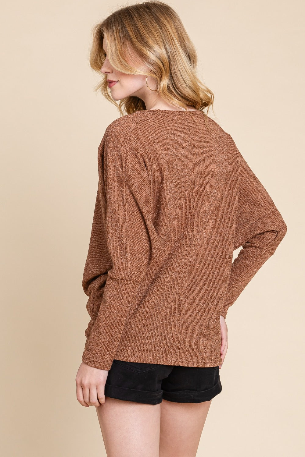 Camel Bombom Drop Shoulder Long Sleeve Knit Top 1