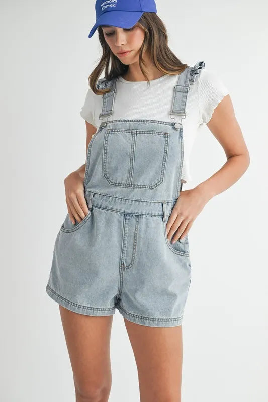 Lt Denim Mable Square Neck Ruffle Shoulder Denim Overall Romper