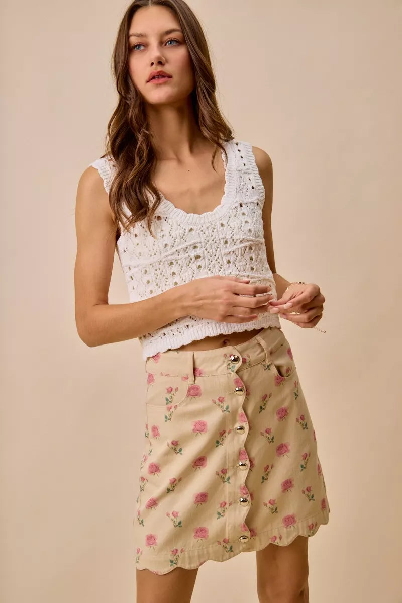 So Me Floral Rose Print Cotton Twill Scallop Mini Skirt