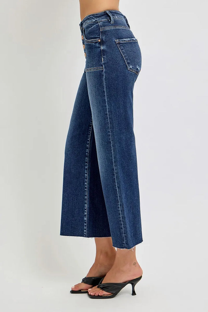 Dark Risen Full Size High Rise Crop Wide Button Up Jeans Plus Size