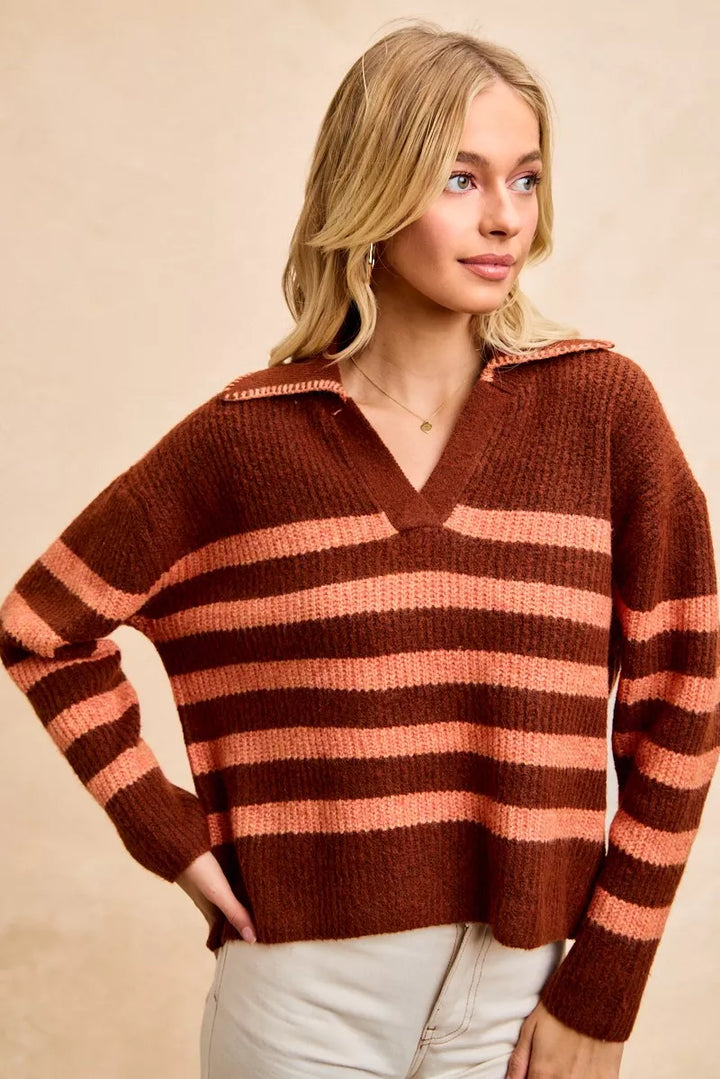 Brick/Terracotta Bibi Striped Sweater Top With Collar Stitched Details