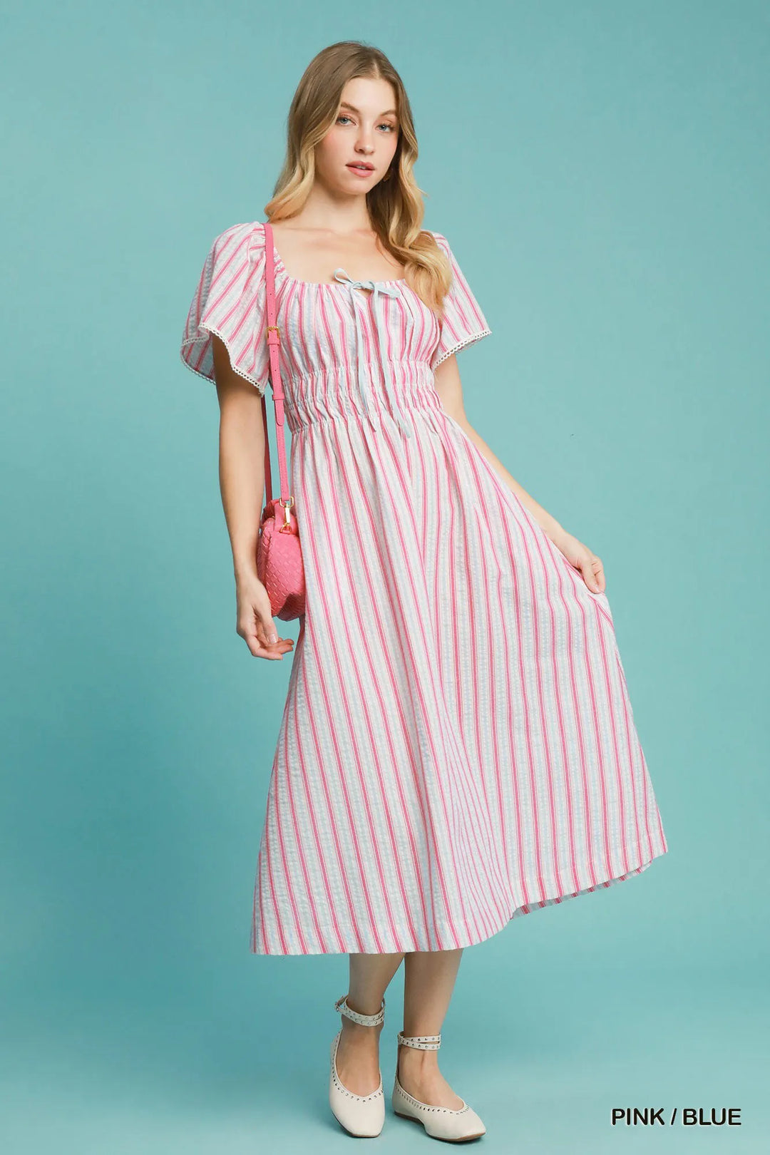 Pink / Blue Umgee Smocked Striped Short Sleeve Midi Dress