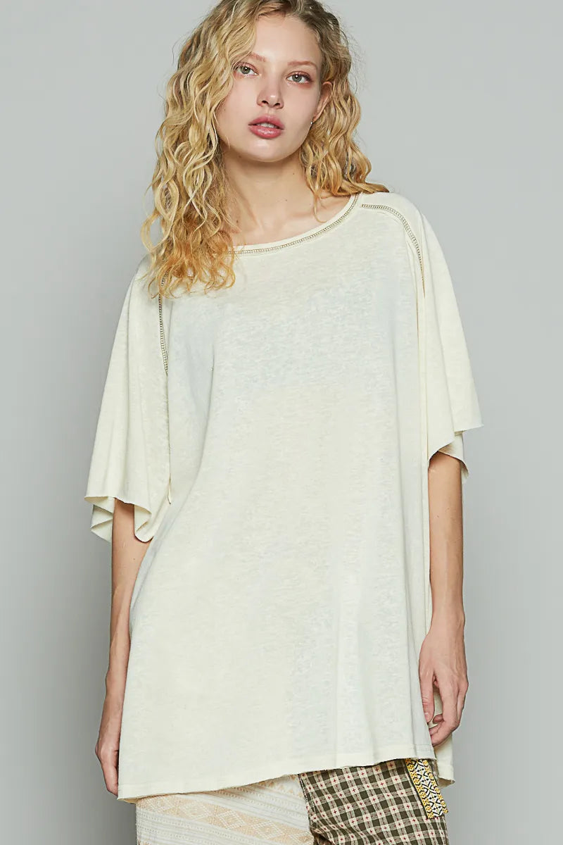 Custard Pol Contrast Stitching Half Sleeve Oversized T Shirt