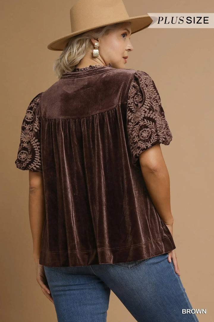 Umgee Full Size Velvet Embroidered Sleeve Blouse Plus Size